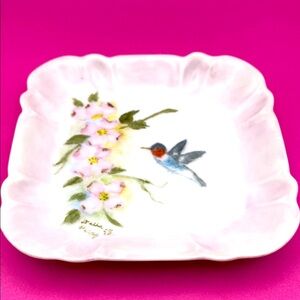 Vintage Hand Painted Artist Signed Floral Hummingbird Porcelain  Decorative Dish